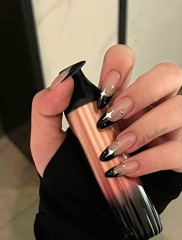 Black Curvy French Tips With Silver Art
