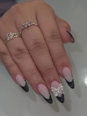 Black French Curvy Tips With Butterfly Crystal
