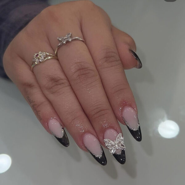 Black French Curvy Tips With Butterfly Crystal
