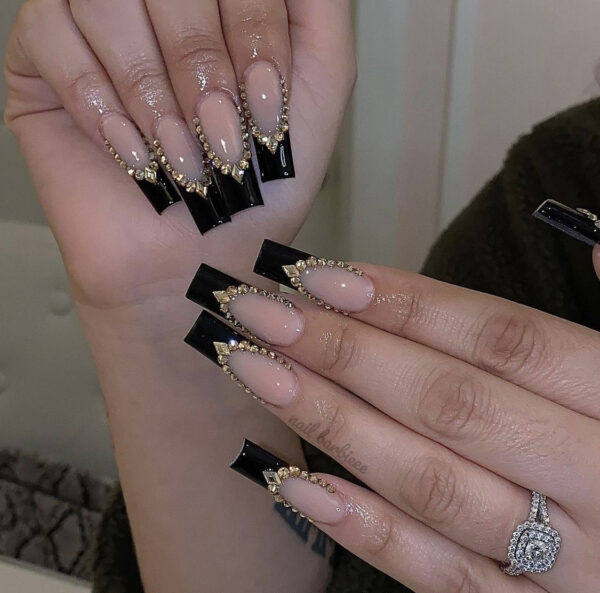 Black French Tips With Crystals Lining