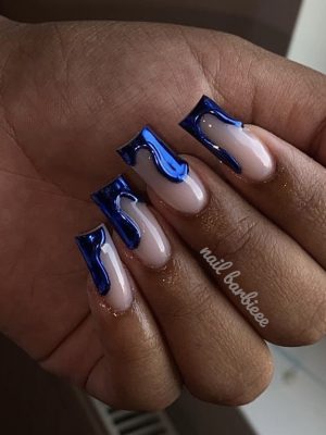 Blue Chrome Wet Look Drip Nails