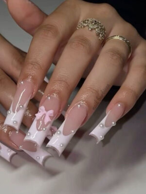 French Curvy Tips Pearly Bow Charm Nails