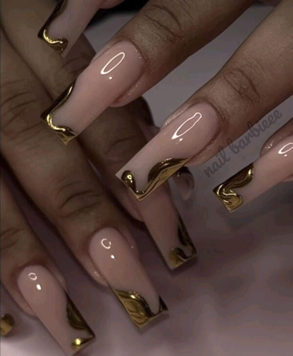 Gold Chrome Wet Look Drip Nails