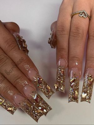Gold Glittery Crystals Nails