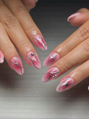 Pink Aura Silver Web Chrome Nails
