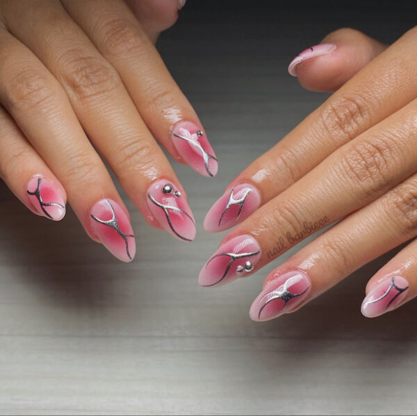 Pink Aura Silver Web Chrome Nails