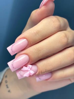 Pink French Tips With Flash Gel & Bow Charm