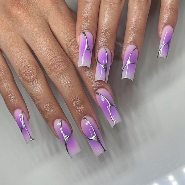 Purple Aura Silver Web Abstract Nails
